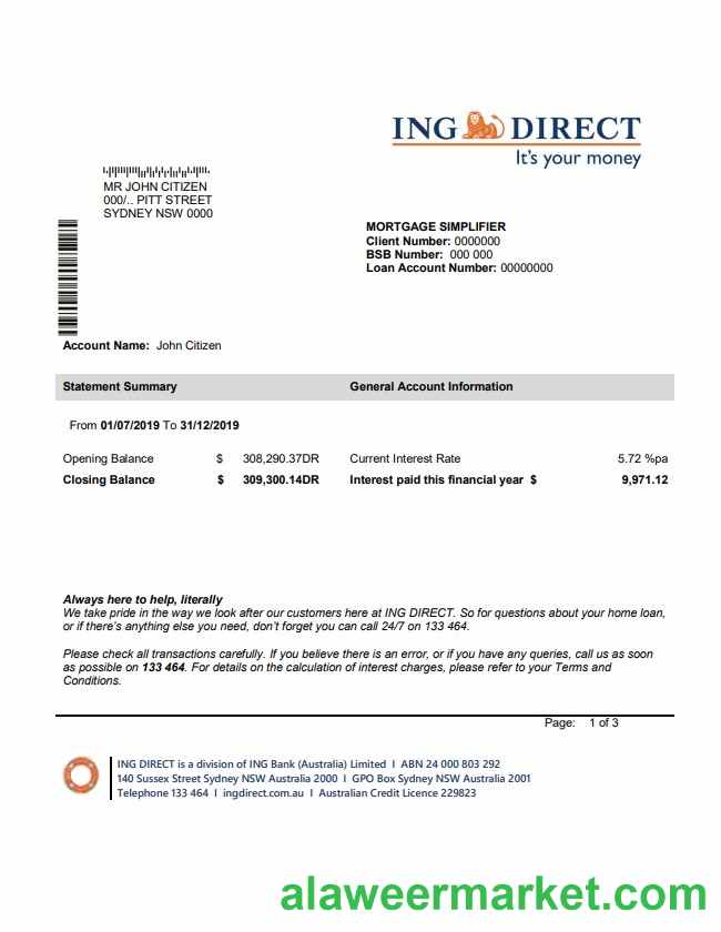 Australia ING Direct bank statement
